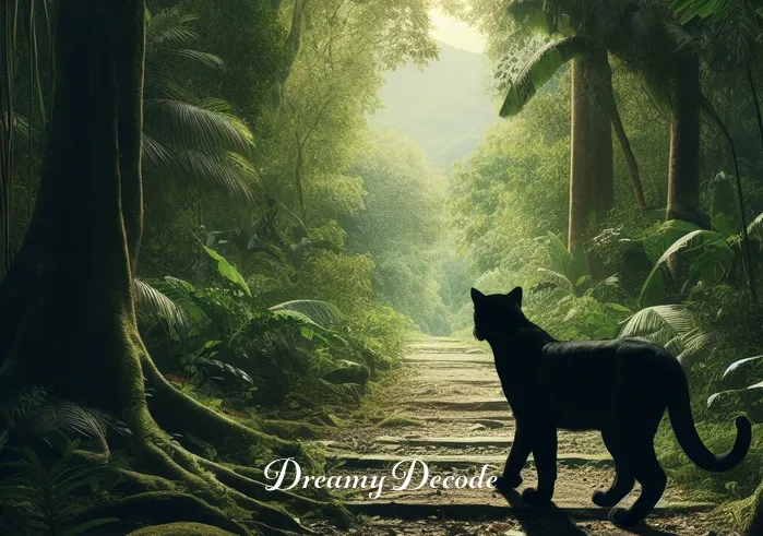 black panther in dream spiritual meaning _ A path leading from the clearing into a rich, verdant jungle, with the black panther gracefully walking ahead, inviting the viewer to follow on a spiritual journey.