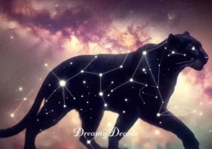 black panther in dream spiritual meaning _ The black panther, now a constellation in the night sky, with stars outlining its form against a backdrop of the Milky Way, suggesting the transcendent nature of the dream encounter.