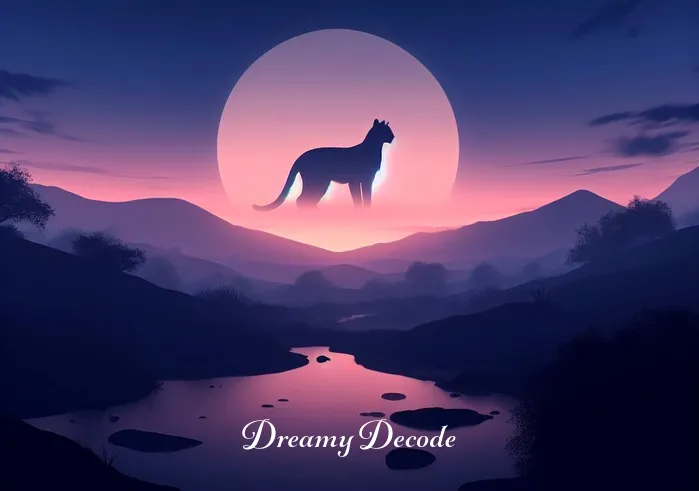 black puma dream meaning _ A serene landscape at dusk with a shadowy figure of a black puma at a distance, symbolizing the onset of a dream journey.