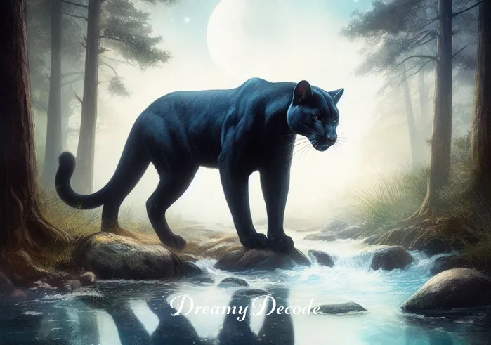 black puma dream meaning _ The black puma approaches a clear, tranquil stream, reflecting the dreamer