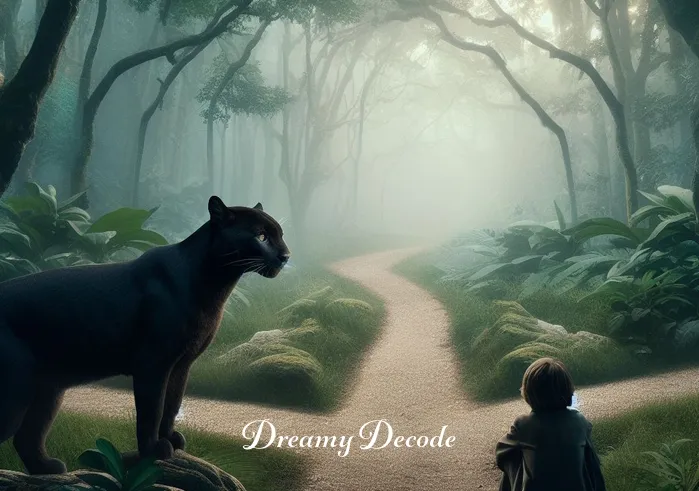 black puma dream meaning _ A dreamer stands at a crossroads in a lush forest, the black puma beside them as a guide, representing choices and paths in life.