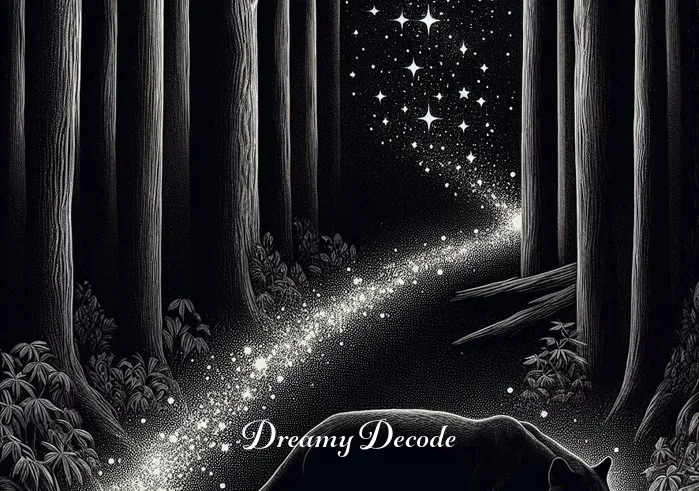 black puma dream meaning _ The black puma disappears into the forest, leaving behind a trail of stars, signifying the awakening from the dream and the return to consciousness.