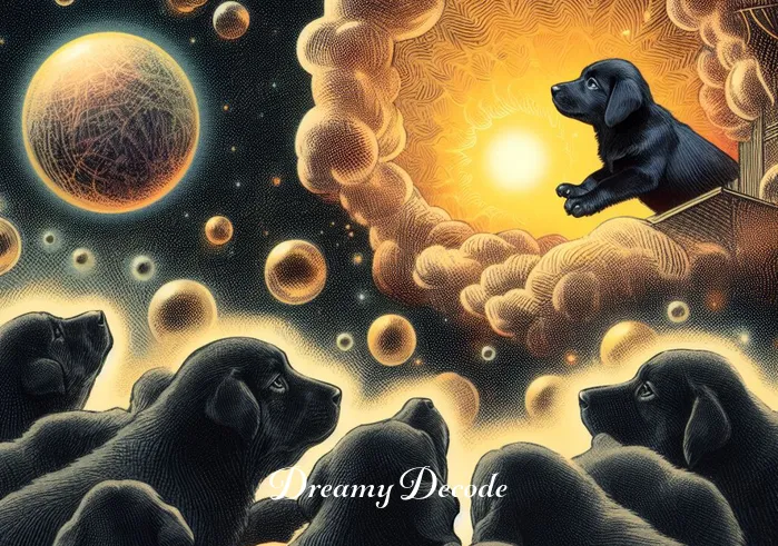 black puppies in dream meaning _ The black puppies in the dream bubble now gather around a mysterious, glowing orb, hinting at the dreamer