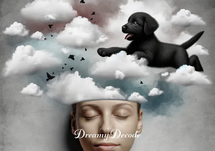 black puppy dream meaning _ A person smiling as they dream, a small black puppy playfully running around in their mind, symbolizing discovery and the beginning of understanding subconscious emotions.