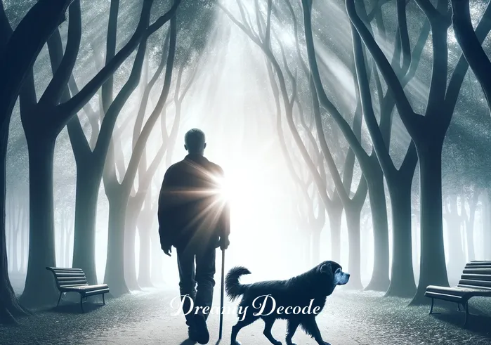 black puppy dream meaning _ The dreamer walking beside the now-grown black dog through a sunlit park, indicating a progression towards emotional clarity and maturity.