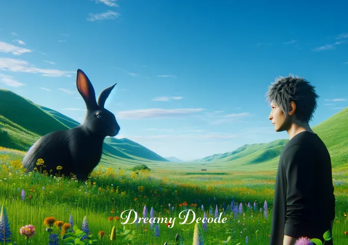 black rabbit dream meaning _ A dreamer standing in a lush green meadow under a clear blue sky, gazing curiously at a black rabbit sitting calmly among a patch of wildflowers.
