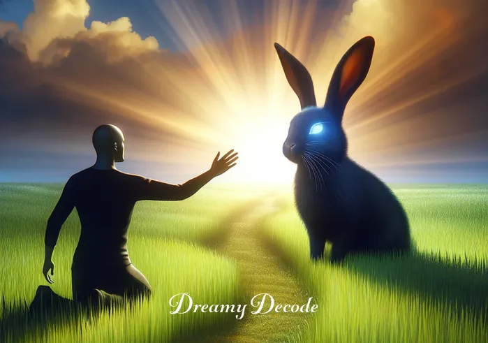 black rabbit dream meaning _ The dreamer reaches out towards the black rabbit, which looks up with bright eyes, symbolizing an invitation to follow it into the unknown.