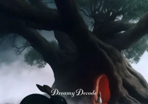 black rabbit dream meaning _ The black rabbit disappears into a hole under a large, ancient tree, leaving the dreamer at the entrance, representing an opportunity for new experiences or the beginning of a transformative life phase.