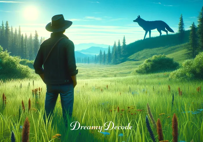 coyote attack dream meaning _ A dreamer stands in a vibrant, lush meadow under a clear blue sky, looking curiously at a distant silhouette of a coyote, symbolizing the beginning of a quest or a looming challenge in the dream interpretation.