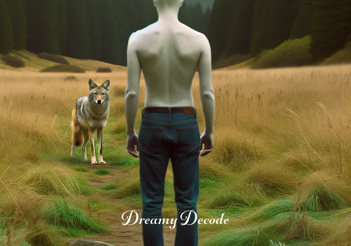 coyote attack dream meaning _ The same dreamer now faces the coyote which has appeared before them on the path, representing a confrontation with a fear or problem in the dream