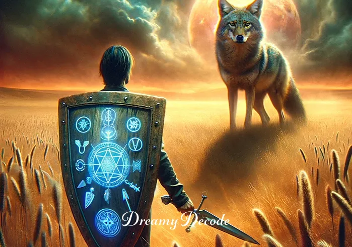 coyote attack dream meaning _ The coyote and dreamer are depicted in a standoff, with the dreamer holding a shield with symbols of strength and resilience, illustrating the dreamer