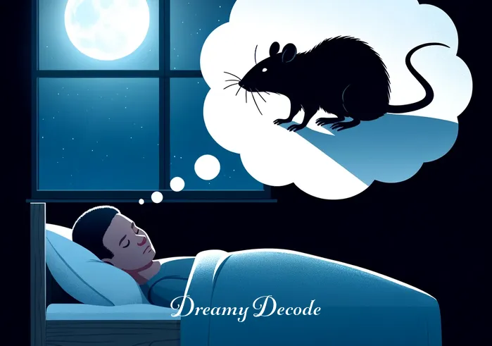 black rat dream meaning _ A person peacefully sleeping in a moonlit room with a shadow of a black rat appearing in a dream bubble above their head.