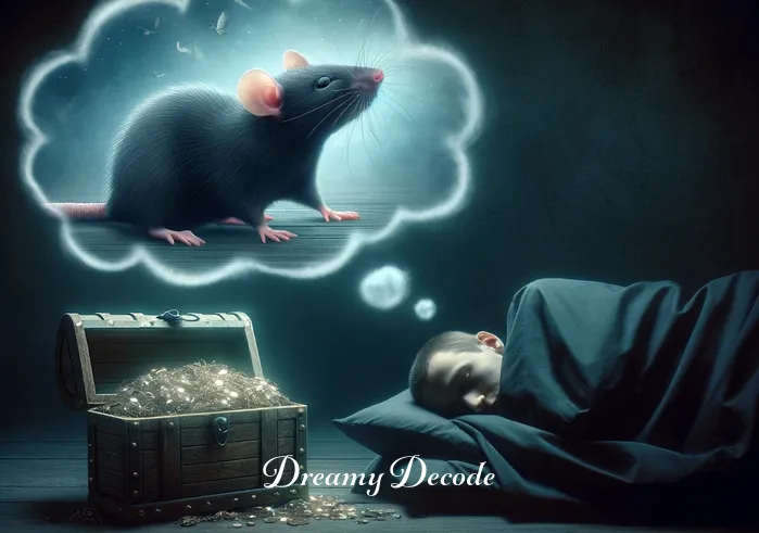 black rat dream meaning _ The dream bubble expands, showing the black rat exploring an empty treasure chest, symbolizing the potential for missed opportunities or overlooked valuables.