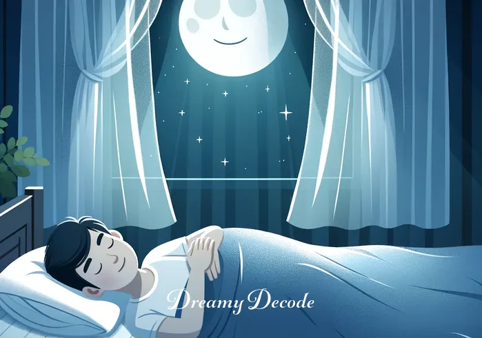 black rat in dream meaning _ A serene bedroom with soft moonlight filtering through a translucent curtain, casting a gentle glow on a peacefully sleeping person with a faint smile, suggesting the beginning of a dream sequence.