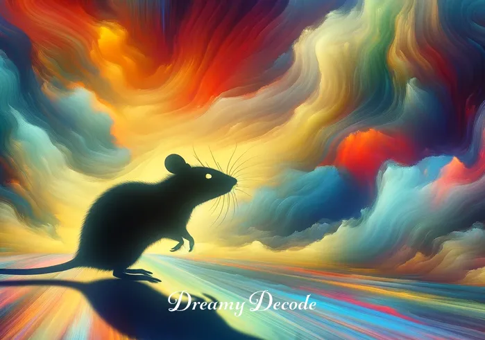 black rat in dream meaning _ The shadow of a small, black rat appears in the corner of the dream, symbolizing the arrival of the unexpected or the subconscious mind surfacing, standing out against the surreal, shifting colors of the dream landscape.