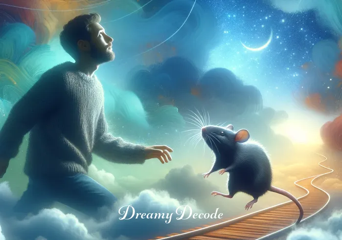 black rat in dream meaning _ The dreamer, depicted with an expression of curiosity rather than fear, follows the black rat through a dreamy, oversized landscape, representing the pursuit of deeper understanding or the unraveling of a mystery in the dream.
