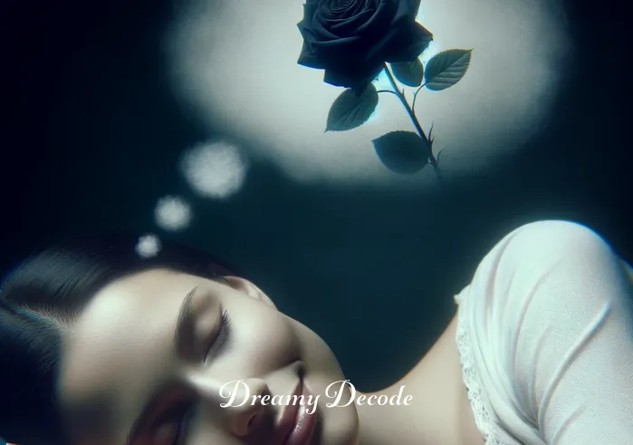 black rose dream meaning _ A person peacefully sleeping with a faint smile, a single black rose beginning to materialize in a dream bubble above their head, symbolizing the emergence of a dream.
