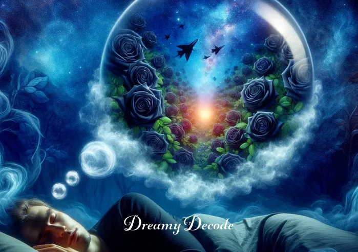 black rose dream meaning _ The dream bubble expands, now showing a garden of black roses under a twilight sky, reflecting the deep exploration into the subconscious meaning of the black rose in the dream.