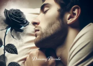 black rose dream meaning _ The dreamer awakens, holding a black rose in their hand, a representation of having accepted the message of the dream, looking contemplative yet at peace.