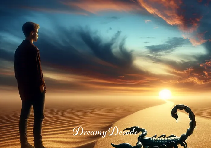 black scorpion dream meaning _ A person standing in a tranquil desert at dusk, their shadow elongating as they contemplate a small black scorpion on the sand, symbolizing the beginning of introspection in a dream.