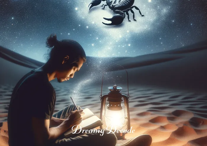 black scorpion dream meaning _ The same person now seated cross-legged on the desert sand, a notebook in hand, writing under the soft glow of a lantern, reflecting the dreamer