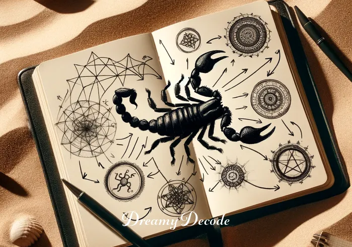 black scorpion dream meaning _ The dreamer’s notebook reveals a sketched black scorpion surrounded by various symbols and arrows, indicating the process of analyzing and connecting the dream to personal life.