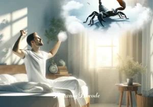 black scorpion dream meaning _ A serene bedroom with the morning sun streaming through the window, where the dreamer wakes up, feeling enlightened, with a look of clarity and a peaceful smile, signifying the resolution of the dream's meaning.