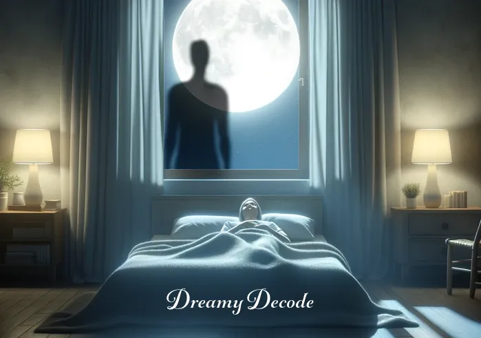 black shadow dream meaning _ A person lying in bed with a serene expression, bathed in soft moonlight filtering through a semi-open window, casting gentle shadows across the room. A faint silhouette of a black shadow stands at the foot of the bed, suggesting the initial stage of a dream sequence.