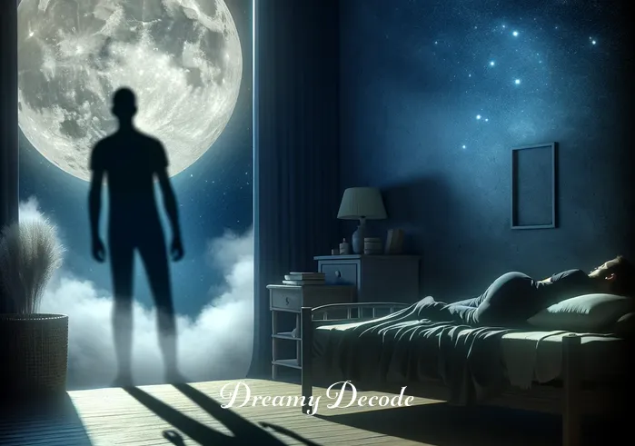 black shadow dream meaning _ The dream intensifies as the shadow morphs into a more defined figure, towering yet still, against the stark contrast of the moonlit room. The person in bed appears to be in deep sleep, oblivious to the looming presence.