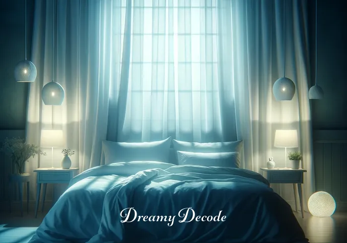 black shadow man dream meaning _ A dreamer sleeping peacefully in their bed with a soft blue glow casting calming shadows in the room, hinting at the onset of a dream sequence.