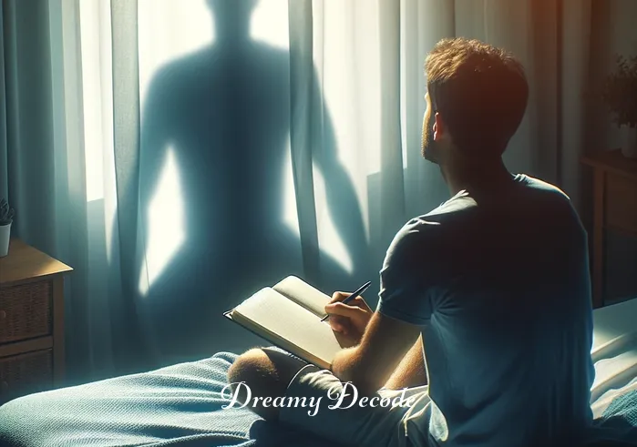 black shadow man dream meaning _ A serene morning scene where the dreamer is awake and jotting down memories of the dream in a journal, the shadow man no longer present, representing reflection and interpretation of the dream's symbolism.