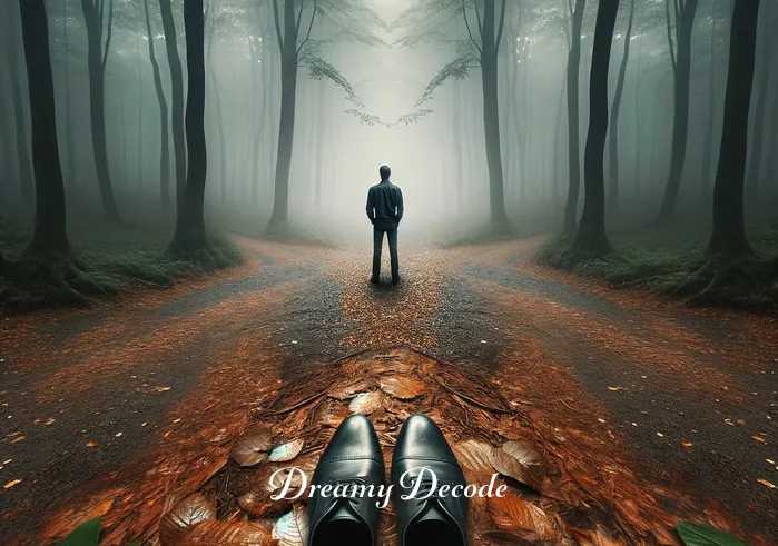 black shoes dream meaning _ A dreamer standing at a crossroads in a misty forest, gazing down at a pair of shiny black shoes placed neatly on the leaf-strewn path ahead, suggesting a decision point in the dreamer