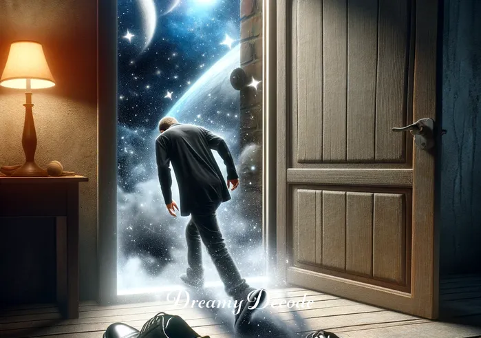 black shoes dream meaning _ The black shoes in the dream appearing on a doorstep in the real world, as the dreamer bends to pick them up, hinting at the manifestation of dream elements into reality.