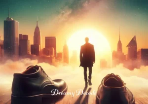 black shoes dream meaning _ The dreamer walking away in the black shoes towards a rising sun over a city skyline, indicating a new beginning or direction in life as interpreted from the dream of black shoes.