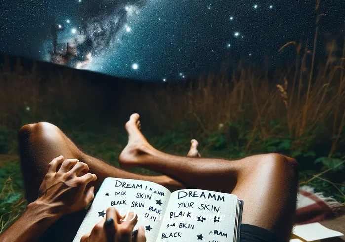black skin dream meaning _ A dreamer sits under a starry sky, an open journal beside them, capturing thoughts and feelings about their dream of black skin, representing introspection and understanding.