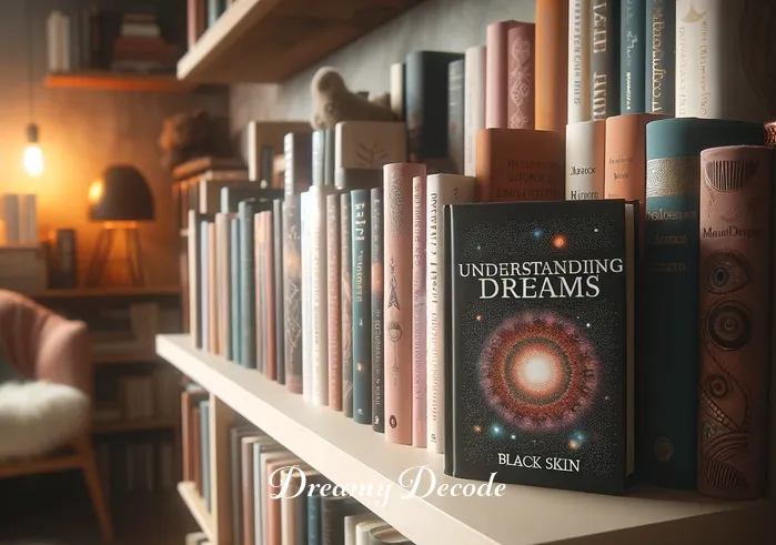 black skin dream meaning _ A bookshelf filled with books on dream interpretation and psychology with a prominent book titled "Black Skin in Dreams," highlighting the pursuit of knowledge on the topic.