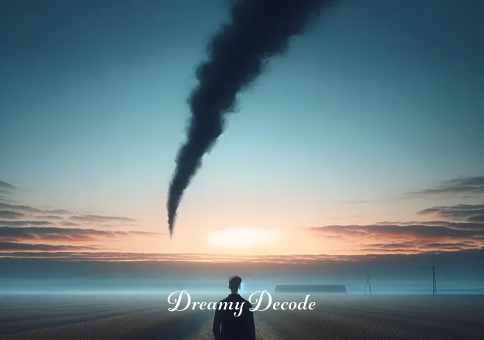black smoke dream meaning _ A person stands in an open field at dusk, gazing at the horizon where a gentle wisp of black smoke begins to rise, symbolizing the start of a journey into the exploration of dream meanings.