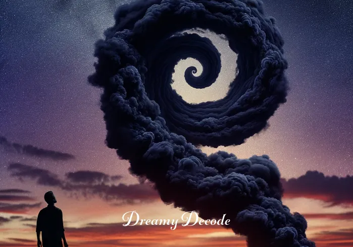 black smoke dream meaning _ The black smoke now forms a towering spiral against the twilight sky, as the individual looks on, reflecting the evolution and deepening of the dream analysis process.
