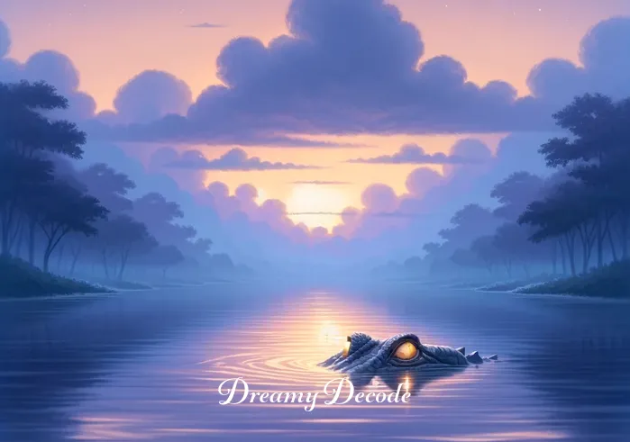 crocodile attack dream meaning _ A serene river landscape under a twilight sky, with a faint outline of a crocodile
