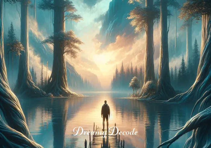 crocodile attack dream meaning _ A dreamer standing at the riverbank, looking curiously at the water, symbolic of self-reflection and the search for deeper understanding in a dream.