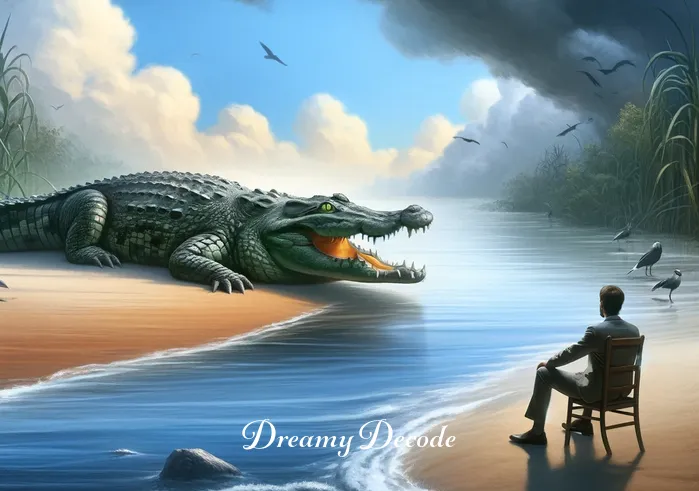 crocodile attack dream meaning _ The dreamer safely on the other side of the river, watching the crocodile swim away, symbolizing overcoming challenges or confronting fears.