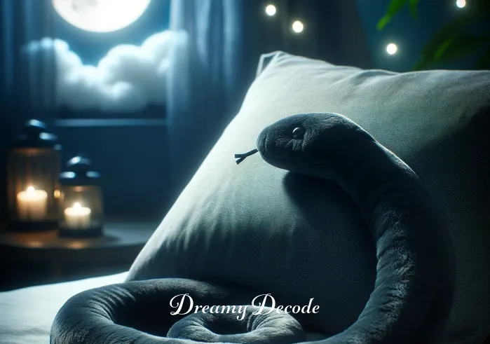 black snake dream meaning _ A serene bedroom at dusk, with soft moonlight casting gentle shadows. A plush, dark snake toy rests coiled on the pillow, symbolizing the onset of a dream about a black snake.