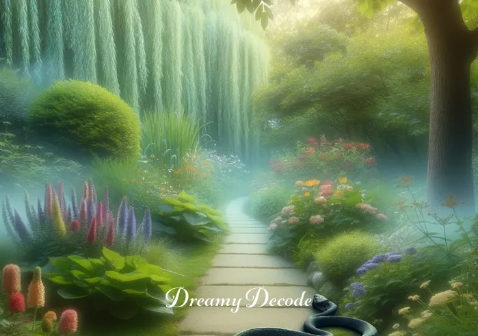 black snake dream meaning _ A tranquil garden scene where a real but calm black snake slithers across a path, signifying the process of confronting and understanding fears in the dream world.