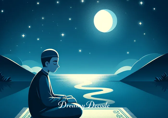 black snake dream meaning in islam _ A serene night sky with a crescent moon, under which a figure sits peacefully on a prayer mat, reflecting on a dream they had, with a gentle expression and eyes closed in contemplation.