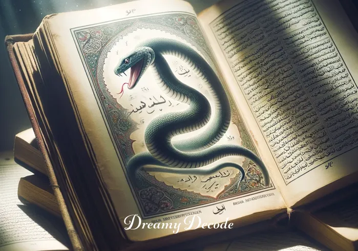 black snake dream meaning in islam _ A stack of ancient Islamic texts on dream interpretation open to a section about snakes, with a soft light illuminating the pages, suggesting a quest for knowledge and understanding.