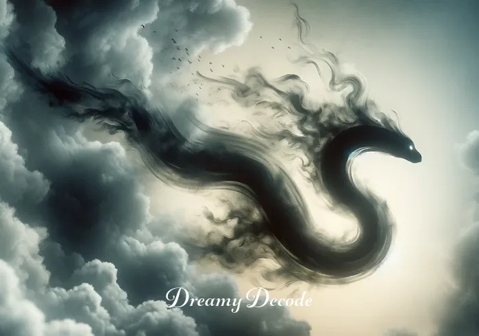 black snake dream meaning in islam _ A dream sequence where a shadowy, ethereal black snake is seen slithering away into a misty background, symbolizing the departure of fears or misconceptions.