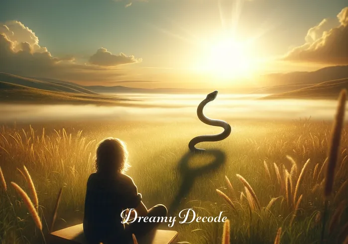 black snake dream meaning psychology _ A dreamer stands in an open, sunlit field, gazing curiously at a small, non-threatening black snake that slithers through the green grass, symbolizing the beginning of self-discovery and the unconscious mind.