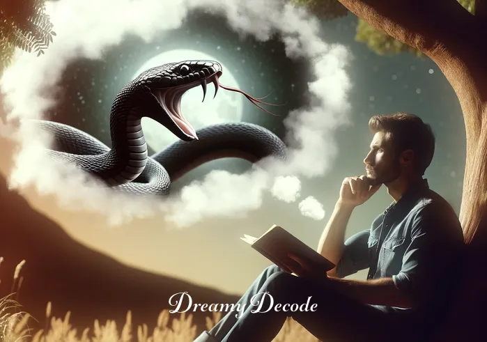 black snake dream meaning psychology _ The dreamer sits under a tree, a journal in hand, reflecting on the black snake