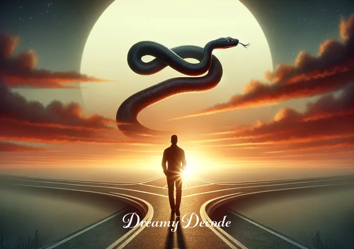 black snake dream meaning psychology _ With a backdrop of twilight, the dreamer follows the black snake to a crossroads, signifying a decision point related to the insights gained from the dream analysis and the psychological journey.