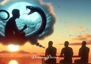 black snake dream meaning psychology _ The dreamer, at dawn, shares the dream with a group of supportive friends, embodying the integration of the dream's message and the sharing of personal growth experiences.